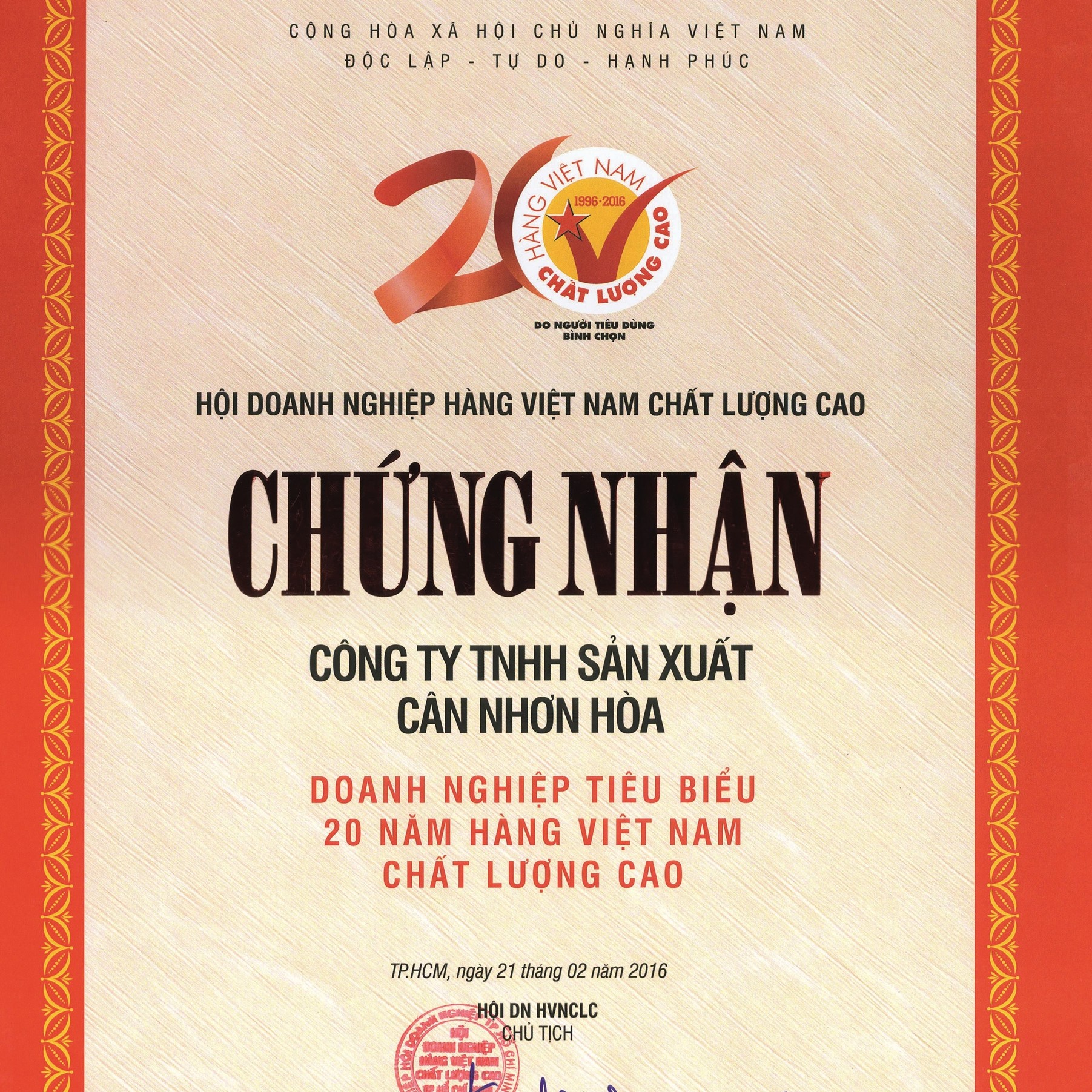 GIẤY CHỨNG NHẬN HÀNG VIỆT NAM CHẤT LƯỢNG CAO CÂN NHƠN HÒA